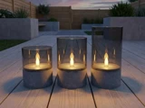 Nordic Flame, Outdoor, LED-lys, Grå, Glas, Sæt m. 3 stk., Dia:8xH:10 & Dia:8xH:12,5 & Dia:8xH:15 cm
