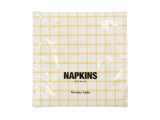 En pakke servietter med et gult og hvidt ternet mønster, mærket "NAPKINS 20 x 20 CM" med "Nicolas Vahé" skrevet nedenunder.