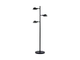 En moderne sort gulvlampe med tre justerbare kuppelformede skærme, der er anbragt lodret på en central stang og en rund fod.