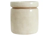 En beige keramikkrukke med en bred åbning og en let hævet kant, med en glat, mat finish og subtil struktur.