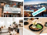 Collage: Dronninglund Hotel udvendigt, naturskøn byudsigt mærket Nær Aalborg, elegant restaurantinteriør og en tallerken med bøf, kartofler og ærter med et glas vin.