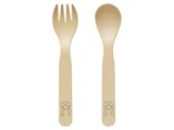 Spork- og ske-sæt i beige plast med enkle, tegnede kaninansigter trykt på håndtagene.