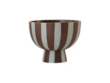 En rund skål med kort sokkel og lodrette brune og lysegrå striber.