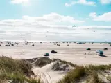 Sandstrand med biler og autocampere parkeret på tværs af kysten, folk, der går tur, og kitesurfere på himlen, set fra græsklædte klitter under en delvis overskyet himmel.