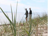 Nærbillede af strandgræs i fokus, med to uskarpe personer, der står tæt ved vandet i baggrunden under en lys himmel.