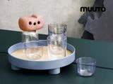 En rund blå bakke indeholder fire klare glas, en glaskrukke med en lyserød skulpturel genstand på toppen og endnu et glas ved siden af bakken. MUUTO-logoet vises i øverste højre hjørne.