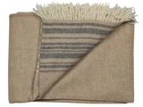 Et foldet beige uldtæppe med cremefarvede frynser og grå vandrette striber på den ene side.