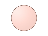 Et rundt spejl med en tynd, brun ramme, der reflekterer en blød rosa nuance, centreret på en hvid baggrund.