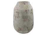 En stor, rustik, cylindrisk keramikvase med en smal åbning og en struktureret, forvitret overflade i beige og brune nuancer.