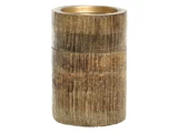 En cylindrisk, struktureret brun trævase med et glat, metallisk guldinteriør.
