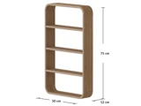 En bogreol i træ med afrundede hjørner, tre hylder og målangivelser: 75 cm høj, 50 cm bred og 12 cm dyb.