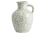 En lysegrå keramikvase med en enkelt sidehank og et hvidplettet mønster.