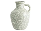 En lysegrå keramikvase med en enkelt sidehank og et hvidplettet mønster.