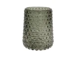 En grøn glasvase med cylindrisk form og et struktureret, hævet prikmønster i vandrette bånd.