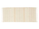 Beige rektangulært tæppe med diskrete lodrette striber og frynsekvaster på begge kortkanter, vist på en hvid baggrund.