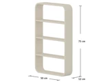 Rektangulær beige væghylde med fire hylder, afrundede kanter og mærkede mål: 75 cm høj, 50 cm bred og 12 cm dyb.