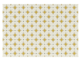 Geometrisk mønster med overlappende hvide cirkler, guldfarvede diamantformer og små sorte prikker på en lys baggrund.