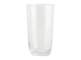 Et klart, tomt, højt glasglas med en glat overflade og en lidt tyk bund, der står oprejst mod en hvid baggrund.