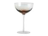 En champagnekupé i klart glas med en bred, lav skål og en lang, slank stilk, fotograferet på en hvid baggrund.