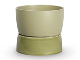En beige keramikpotte står oven på en omvendt, lidt mørkere grøn underkop, begge med en glat, mat finish på en hvid baggrund.