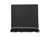 Et foldet, mørkegråt vævet tæppe med en dekorativ frynsekant i bunden og et diskret struktureret mønster.