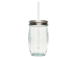 En murerbalje af klart glas med skruelåg af metal og et lige sugerør af plast i midten.