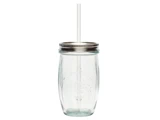 En murerbalje af klart glas med skruelåg af metal og et lige sugerør af plast i midten.