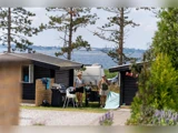 To personer står i nærheden af mørke træhytter ved vandet, hvor træer, en grill, et bord og en campingvogn er synlige i et fredeligt udendørs miljø.