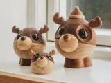 I vindueskarmen står tre træfigurer, der ligner rensdyr med mørke øjne og runde næser, og som varierer i størrelse fra små til store.
