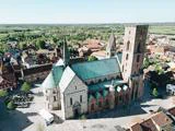 Luftfoto af Ribe Domkirke med det karakteristiske grønne tag og det høje murstensårn, omgivet af byens historiske bygninger.