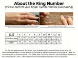 Et ringstørrelsesskema med amerikanske størrelser, diametre og omkreds samt instruktioner og billeder, der viser, hvordan man måler sin finger ved hjælp af snor og lineal.