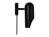 En moderne sort væghængt lampe med et afrundet, minimalistisk design og en synlig netledning på en hvid baggrund.