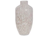 Høj, klar glasvase med smal hals og let, meleret hvidt og beige mønster på hele kroppen.