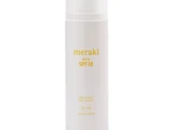 En hvid flaske Meraki Sun Oil SPF 30 med gul tekst, med høj beskyttelse og vandfasthed, størrelse 200 ml.
