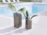 To moderne metalbeholdere med grønne tropiske planter står på en flisebelagt terrasse ved poolen med liggestole og en swimmingpool i baggrunden.