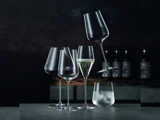 Fem elegante glas - tre med rødvin, et med mousserende vin og et med isvand - står på et bord; et rødvinsglas står på skrå og balancerer på et andet.