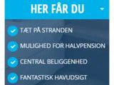 Blåt banner med dansk tekst, der viser faciliteter: tæt på stranden, mulighed for halvpension, central beliggenhed, fantastisk havudsigt.