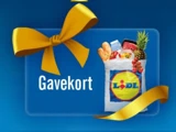 Et blåt gavekort med en gul sløjfe, der viser en indkøbspose fyldt med madvarer og Lidl-logoet. Ordet Gavekort står på kortet.