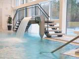 Indendørs pool med en metaltrappe over vandet, et vandfald, der løber fra trappen, store vinduer og udsigt til træerne udenfor.
