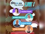 Arrangementsplakat med billeder af fire personer: Louise Engell, Anders Bircow, Johan Vinde og Peter Zhelder, med farverige talebobler og teksten »STEMMEN LIVE!« i fed skrift øverst.