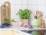 Et køkkenbord med skærebrætter, basilikum i potte, træredskaber, salt- og peberkværne, hvidløg, forårsløg, æg og en skål med vindruer mod en flisebelagt væg.