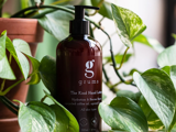 En flaske Grums The Kind Hand Lotion står blandt grønne potteplanteblade, og produktoplysningerne er synlige på etiketten.
