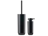 En sort toiletbørste med holder ved siden af en matchende sort sæbe- eller lotiondispenser, begge med et slankt, moderne design.