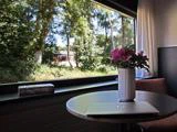 På et lille rundt bord ved et vindue står en lukket laptop og en vase med lilla blomster; udenfor kan man se træer og grønne områder.