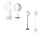 En håndtegnet skitse viser to udsnit af en moderne lampe med en rund, struktureret skærm, en trækkæde, en slank, lodret fod og en flad, cirkulær base.