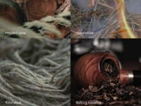 En collage i fire dele, der viser hakket fyrretræ, hø, der ryger over ild, rå uldfibre og løs rulletobak, der løber fra en pibe.
