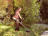 En person iført beskyttelsesudstyr bruger en græstrimmer til at slå græs på en solrig dag, omgivet af grønne buske og træer.