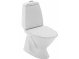 Et hvidt, moderne keramisk toilet med lukket låg og en topmonteret skylleknap, vist på en almindelig hvid baggrund.