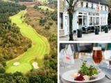 Luftfoto af en golfbane, gadefoto af en restaurant med udeservering og et nærbillede af et måltid med en øl.