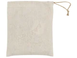 En beige linnedpose med snøre og et subtilt syet design af små trekantede vimpelbannere på forsiden.